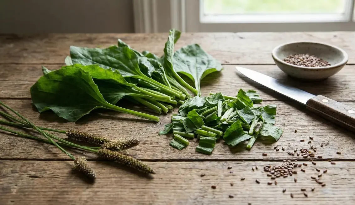 Primer plano de las espigas de semillas del plantago lanceolata
