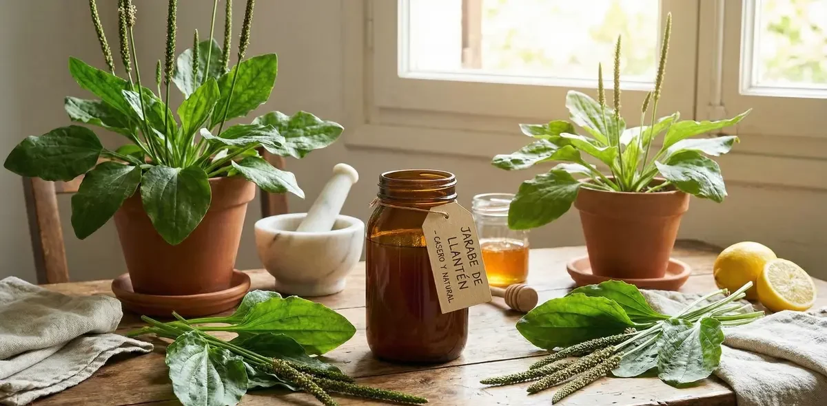 Preparación de jarabe de llantén para la tos con miel y hojas frescas