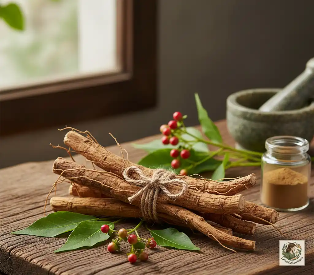 Polvo de raíz de Ashwagandha en cuchara de madera sobre fondo de lino